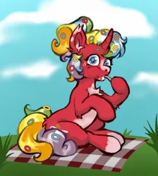 Size: 1143x1276 | Tagged: safe, artist:caninecrypt, derpibooru import, oc, unofficial characters only, pony, unicorn, cereal, female, food, horn, image, jpeg, outdoors, picnic blanket, solo, spoon, unicorn oc