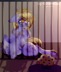 Size: 2976x3500 | Tagged: semi-grimdark, artist:goddamncat, derpibooru import, derpy hooves, pegasus, pony, abuse, belly button, black eye, bleeding, blood, butt, cage, caption, captive, commission, crying, cute face, derpibooru exclusive, derpybuse, dirty, female, food, helpless, image, injured, kidnapped, mare, muffin, nosebleed, png, prisoner, sad, sad face, sitting, solo, starvation, text, wings