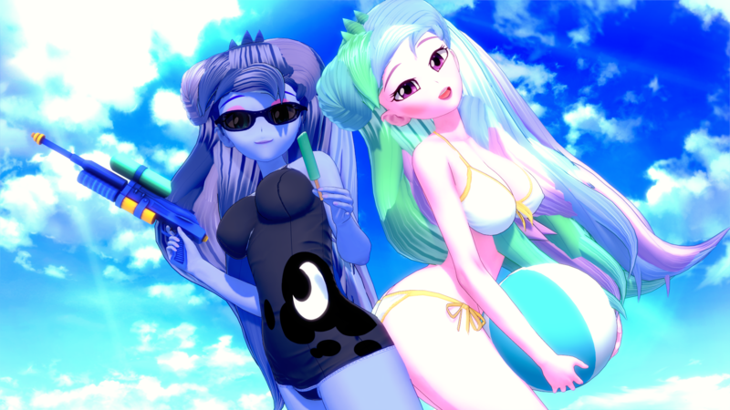 Size: 1920x1080 | Tagged: suggestive, artist:lewdman03, derpibooru import, princess celestia, princess luna, human, equestria girls, 3d, beach, bikini, breasts, cleavage, clothes, humanized, image, koikatsu, png, principal celestia, principal luna, swimsuit