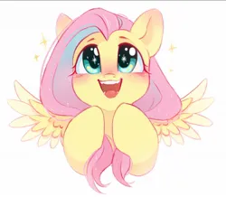 Size: 1200x1045 | Tagged: safe, artist:melodylibris, derpibooru import, fluttershy, pegasus, pony, blushing, cute, daaaaaaaaaaaw, ear blush, image, jpeg, open mouth, open smile, shyabetes, simple background, smiling, solo, sparkles, spread wings, white background, wings