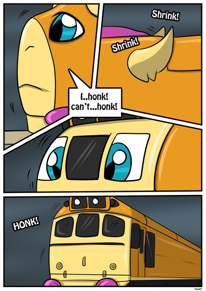 Size: 2480x3507 | Tagged: safe, artist:rex-equinox, derpibooru import, part of a set, smolder, comic, commission, image, inanimate tf, locomotive, png, story included, train, trainified, transformation