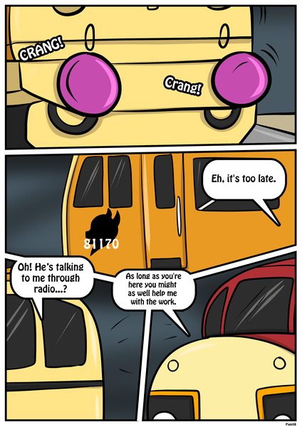Size: 2480x3507 | Tagged: safe, artist:rex-equinox, derpibooru import, part of a set, garble, smolder, comic, commission, image, inanimate tf, locomotive, png, speech bubble, story included, train, trainified, transformation