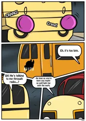 Size: 2480x3507 | Tagged: safe, artist:rex-equinox, derpibooru import, part of a set, garble, smolder, comic, commission, image, inanimate tf, locomotive, png, speech bubble, story included, train, trainified, transformation