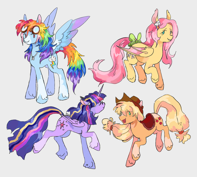 Size: 2047x1838 | Tagged: safe, artist:mapleeheart, derpibooru import, applejack, fluttershy, rainbow dash, twilight sparkle, twilight sparkle (alicorn), alicorn, bat pony, earth pony, pegasus, pony, bat ponified, bow, flutterbat, goggles, image, png, quadrupedal, race swap, simple background, tail, tail bow