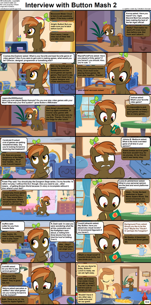 Size: 1282x2590 | Tagged: safe, derpibooru import, button mash, oc, oc:cream heart, earth pony, pony, comic:celestia's servant interview, caption, colt, concerned, controller, cs captions, eyes closed, female, foal, food, french fries, hat, image, image macro, indoors, interview, juice, juice box, kitchen, looking at something, looking at you, male, mare, mother and child, mother and son, png, propeller hat, text