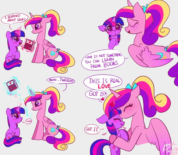 Size: 1511x1316 | Tagged: safe, artist:petaltwinkle, derpibooru import, princess cadance, twilight sparkle, alicorn, pony, unicorn, blushing, book, comic, cute, cutedance, dialogue, eye clipping through hair, eyes closed, female, filly, filly twilight sparkle, forehead kiss, gray background, holding a pony, image, jpeg, kissing, levitation, magic, simple background, sitting, smiling, starry eyes, teen princess cadance, telekinesis, tongue out, twiabetes, unicorn twilight, wavy mouth, wholesome, wingding eyes, younger