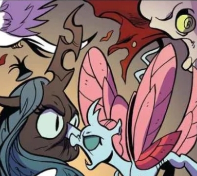 Size: 404x361 | Tagged: safe, artist:andypriceart, derpibooru import, idw, ocellus, queen chrysalis, bird, changedling, changeling, dragon, spoiler:comic, spoiler:comic71, angry, cropped, dragoness, female, image, jpeg, official comic, punch
