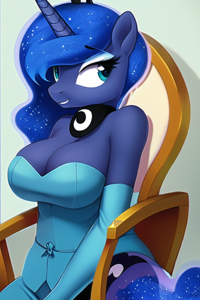 Size: 512x768 | Tagged: suggestive, derpibooru import, machine learning generated, novelai, stable diffusion, princess luna, big breasts, breasts, chair, clothes, dress, image, png