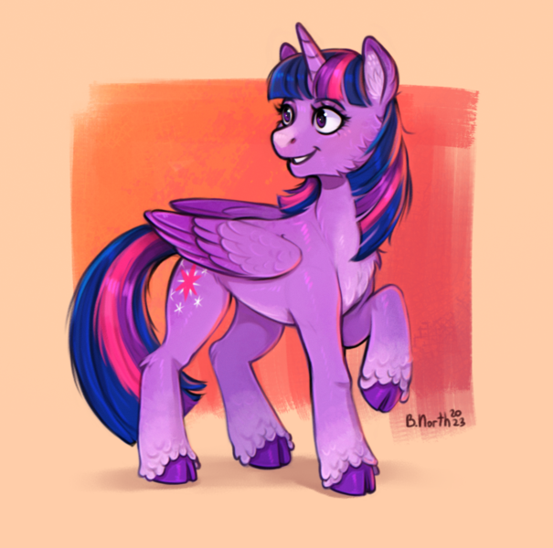 Size: 1471x1459 | Tagged: safe, artist:birdoffnorth, derpibooru import, twilight sparkle, twilight sparkle (alicorn), alicorn, pony, abstract background, alternate design, cloven hooves, female, image, mare, png, raised hoof, signature, smiling, solo