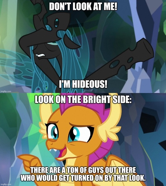 Size: 888x998 | Tagged: safe, derpibooru import, edit, edited screencap, screencap, ocellus, smolder, what lies beneath, caption, disguise, disguised changeling, image, image macro, jpeg, queen chrysellus, text