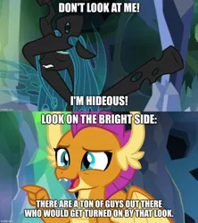 Size: 888x998 | Tagged: safe, derpibooru import, edit, edited screencap, screencap, ocellus, smolder, what lies beneath, caption, disguise, disguised changeling, image, image macro, jpeg, queen chrysellus, text