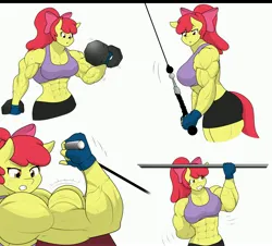 Size: 4096x3705 | Tagged: safe, artist:matchstickman, derpibooru import, apple bloom, anthro, earth pony, pony, apple bloom's bow, apple brawn, arm behind back, biceps, bow, breasts, busty apple bloom, clothes, comic, deltoids, dumbbell (object), female, fingerless gloves, flexing, gloves, hair bow, image, jpeg, mare, matchstickman's apple brawn series, muscles, muscular female, older, older apple bloom, pecs, simple background, solo, sweat, thighs, thunder thighs, triceps, weight lifting, weights, white background