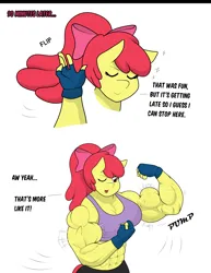 Size: 3163x4096 | Tagged: safe, artist:matchstickman, derpibooru import, apple bloom, anthro, earth pony, pony, abs, apple bloom's bow, apple brawn, biceps, bow, breasts, busty apple bloom, clothes, comic, deltoids, dialogue, female, fingerless gloves, flexing, gloves, hair bow, image, jpeg, mare, matchstickman's apple brawn series, muscles, muscular female, older, older apple bloom, pecs, simple background, solo, speech bubble, triceps, white background