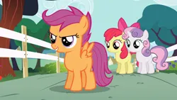 Size: 1920x1080 | Tagged: safe, derpibooru import, screencap, apple bloom, scootaloo, sweetie belle, earth pony, pegasus, pony, unicorn, flight to the finish, season 4, apple bloom's bow, blank flank, bow, cute, cutie mark crusaders, female, filly, foal, hair bow, image, png, trio