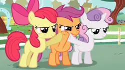 Size: 1920x1080 | Tagged: safe, derpibooru import, screencap, apple bloom, scootaloo, sweetie belle, earth pony, pegasus, pony, unicorn, flight to the finish, season 4, apple bloom's bow, blank flank, bow, cutie mark crusaders, female, filly, foal, hair bow, image, png, trio
