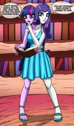Size: 2166x3686 | Tagged: safe, artist:artemis-polara, derpibooru import, rarity, twilight sparkle, human, equestria girls, book, bookshelf, breasts, busty rarity, busty twilight sparkle, cleavage, clothes, commission, conjoined, dress, fusion, golden oaks library, image, levitation, library, magic, multiple heads, png, speech bubble, spell gone wrong, telekinesis, two heads, two heads are better than one, we have become one