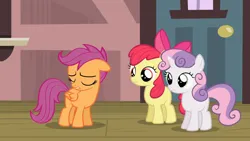 Size: 1920x1080 | Tagged: safe, derpibooru import, screencap, apple bloom, scootaloo, sweetie belle, earth pony, pegasus, pony, unicorn, flight to the finish, season 4, apple bloom's bow, blank flank, bow, cutie mark crusaders, eyes closed, female, filly, foal, hair bow, image, png, train station, trio