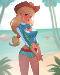 Size: 3200x4000 | Tagged: safe, artist:joe pekar, derpibooru import, applejack, human, equestria girls, equestria girls series, forgotten friendship, beach, clothes, female, geode of super strength, hat, image, jpeg, looking at you, magical geodes, ocean, smiling, smiling at you, solo, swimsuit, water