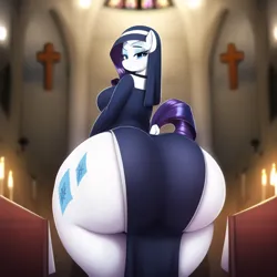 Size: 640x640 | Tagged: suggestive, derpibooru import, machine learning generated, novelai, stable diffusion, rarity, unicorn, bedroom eyes, butt, cutie mark, image, looking back, nun, nun outfit, png, raributt thighs, rearity