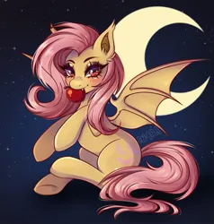 Size: 1795x1885 | Tagged: safe, artist:in4ri_, derpibooru import, fluttershy, bat pony, pony, apple, bat ponified, bat wings, crescent moon, flutterbat, food, image, jpeg, looking at you, moon, race swap, signature, sparkles, spread wings, stars, wings