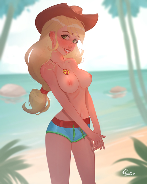 Size: 3200x4000 | Tagged: questionable, artist:joe pekar, derpibooru import, part of a set, applejack, equestria girls, equestria girls series, forgotten friendship, beach, breasts, busty applejack, clothes, geode of super strength, hat, image, jpeg, looking at you, magical geodes, nipples, nudity, ocean, partial nudity, smiling, swimsuit, topless, water