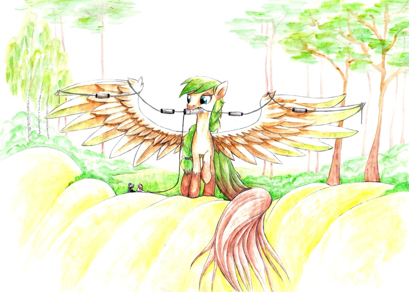 Size: 2560x1828 | Tagged: safe, artist:freeponypictures, derpibooru import, oc, unofficial characters only, pegasus, pony, antenna, dipole, female, giant pony, image, jpeg, macro, mare, mouth hold, radio, spread wings, trap dipole, tree, wings, wire antenna