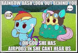 Size: 735x500 | Tagged: safe, artist:doctor-g, derpibooru import, edit, fluttershy, rainbow dash, airpods, bush, chibi, clothes, costume, dangerous mission outfit, deep fried meme, goggles, hoodie, image, imminent pounce, meme, png, squidward the truck's coming