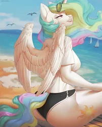 Size: 2409x3000 | Tagged: suggestive, alternate version, artist:mashiro, derpibooru import, princess celestia, alicorn, anthro, bird, seagull, ass, beach, breasts, butt, clothes, commission, female, grin, high res, image, looking back, ocean, partially open wings, png, rear view, shorts, sitting, smiling, solo, solo female, sunbutt, sunglasses, water, wings, ych result