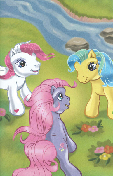 Size: 1730x2680 | Tagged: safe, artist:robbin cuddy, artist:thompson brothers, derpibooru import, meadowbrook (g3), earth pony, pony, g3, female, image, jpeg, mare, my little pony: hide-and-seek, petal blossom (g3), scan, star swirl (g3), trio