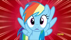 Size: 1280x720 | Tagged: safe, derpibooru import, screencap, rainbow dash, pegasus, pony, 28 pranks later, season 6, discovery family, discovery family logo, female, image, logo, mare, png, solo, spread wings, wings