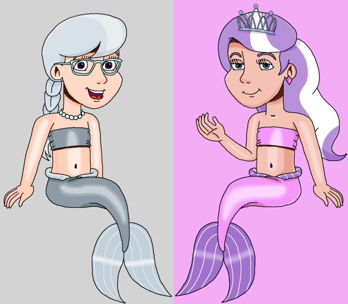 Size: 1119x976 | Tagged: safe, artist:ocean lover, derpibooru import, diamond tiara, silver spoon, human, mermaid, adorabullies, bandeau, bare shoulders, belly, belly button, blue eyes, braid, bully, child, colored background, cute, duo, duo female, ear piercing, earring, evil grin, female, fins, fish tail, glasses, gray background, grin, hair braid, human coloration, humanized, image, jewelry, kids, lidded eyes, light skin, looking at you, mermaid tail, mermaidized, mermay, moderate dark skin, ms paint, necklace, open mouth, pearl necklace, piercing, png, purple background, purple eyes, simple background, sitting, smiling, smirk, species swap, spoiled brat, tail, tiara