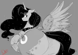 Size: 1954x1388 | Tagged: suggestive, artist:thelunarmoon, derpibooru import, princess luna, alicorn, pony, black and white, butt, female, gray background, grayscale, huge butt, image, jpeg, large butt, looking at you, looking back, looking back at you, mare, monochrome, moonbutt, one wing out, partial color, plot, rear view, signature, simple background, smiling, smiling at you, solo, wings