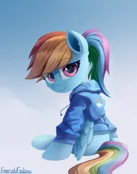 Size: 1500x1900 | Tagged: safe, artist:emeraldgalaxy, rainbow dash, pegasus, pony, alternate hairstyle, clothes, cute, dashabetes, eye clipping through hair, eyebrows, eyebrows visible through hair, female, hoodie, image, looking at you, mare, png, ponytail, sitting, smiling, smiling at you, solo