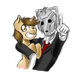 Size: 524x558 | Tagged: safe, artist:cybermananon, derpibooru import, oc, oc:cybermananon, oc:sweet cheeks, unofficial characters only, android, cyberman, pony, robot, unicorn, arm around neck, clothes, doctor who, duo, duo male, grin, holding a pony, humanoid, image, looking at you, male, necktie, png, pointing, simple background, smiling, suit, white background