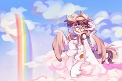 Size: 2048x1365 | Tagged: safe, artist:vanilla-chan, derpibooru import, oc, unofficial characters only, pegasus, pony, cloud, commission, glasses, image, jpeg, on a cloud, open mouth, rainbow, rainbow waterfall, sitting, sitting on cloud, solo, spread wings, wings