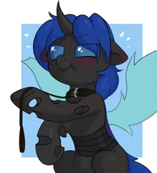 Size: 2500x2757 | Tagged: safe, artist:nevermore228, derpibooru import, oc, oc:swift dawn, unofficial characters only, changeling, blue changeling, blushing, changeling oc, changeling wings, collar, commission, embarrassed, eye clipping through hair, eyebrows, eyebrows visible through hair, fangs, floppy ears, heart, horn, image, leash, light blue background, looking away, png, scrunchy face, simple background, sitting, solo, white background, wings, ych result, your character here