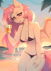 Size: 2141x2962 | Tagged: suggestive, artist:fensu-san, derpibooru import, fluttershy, anthro, bat pony, bat ponified, bat wings, beach, big breasts, bikini, breasts, busty fluttershy, cleavage, clothes, drink, female, flutterbat, image, jpeg, looking at you, outdoors, race swap, solo, solo female, sunset, swimsuit, wings