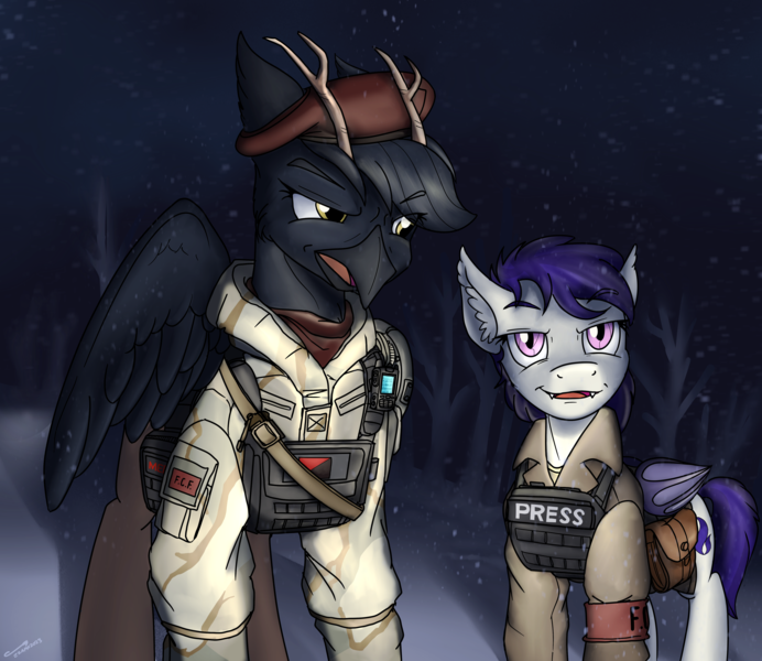 Size: 4433x3843 | Tagged: safe, artist:buckweiser, derpibooru import, oc, oc:gráinne ní bhroin, oc:purple haze, bat pony, anarchism, anarchist, beret, body armor, camouflage, capra, capran civil war, clothes, coat, cybernetic eyes, deergriff, hat, image, nighthaze, png, prosthetic eye, prosthetics, radio, reporter, scarf, snow, uniform, wings