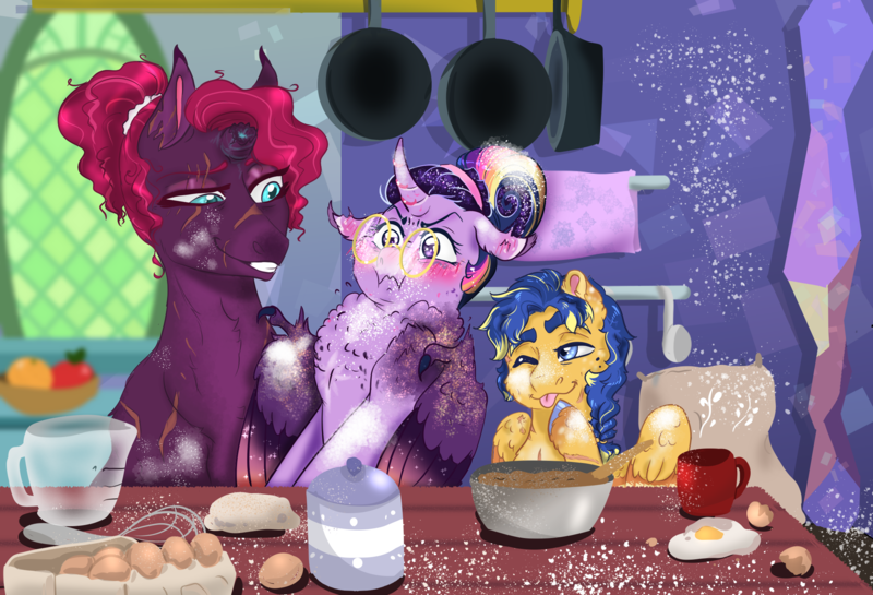 Size: 2200x1500 | Tagged: safe, artist:miyalaflordorada, derpibooru import, flash sentry, tempest shadow, twilight sparkle, twilight sparkle (alicorn), alicorn, pegasus, pony, unicorn, alternate hairstyle, baking, bisexual, blushing, broken horn, chest fluff, claws, commission, egg (food), female, floppy ears, flour, flustered, food, glasses, hair bun, horn, image, kitchen, lesbian, male, mare, one eye closed, png, polyamory, round glasses, scar, shipping, stallion, straight, tempestflashlight, trio, twilight's castle, wing claws, wings