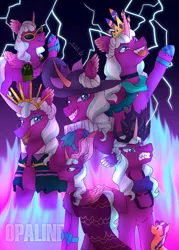 Size: 1433x2000 | Tagged: safe, artist:javierespi2003, derpibooru import, sunny starscout, alicorn, pony, g5, my little pony: tell your tale, spoiler:g5, spoiler:my little pony: tell your tale, spoiler:tyts01e50, clothes, collar, crown, dress, evil grin, female, fire, grin, hat, image, jewelry, lightning, mare, opaline alone, opaline arcana, open mouth, open smile, png, regalia, sharp teeth, shoulder pads, smiling, sunglasses, teeth, toy, wing ears, wings