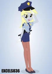 Size: 661x935 | Tagged: safe, artist:excelso36, derpibooru import, derpy hooves, human, equestria girls, clothes, gloves, humanized, image, jpeg, necktie, police officer, police uniform, salute, shoes, simple background, socks, solo, stockings, thigh highs