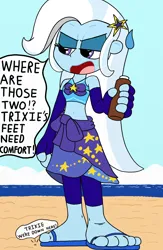 Size: 1336x2048 | Tagged: safe, artist:tenebrousmelancholy, derpibooru import, trixie, equestria girls, annoyed, barefoot, beach, clothes, digital art, feet, female, giantess, image, leggings, macro, macro/micro, oil, png, sandals, sarong, shrunk, text, tight clothing, tiny, toes, unaware