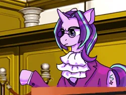 Size: 961x726 | Tagged: safe, artist:mossybranch, derpibooru import, starlight glimmer, pony, unicorn, ace attorney, alternate hairstyle, clothes, courtroom, derpibooru exclusive, glasses, image, jabot, miles edgeworth, png, prosecutor, round glasses, ruff (clothing), suit, two toned mane