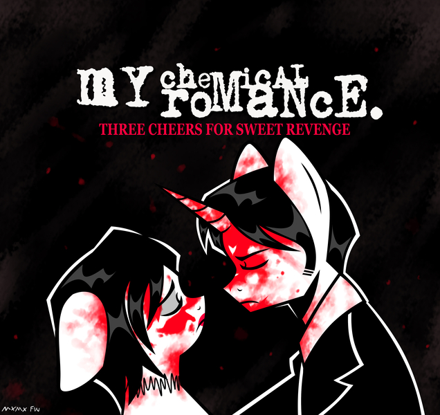 Size: 4134x3898 | Tagged: semi-grimdark, artist:mxmx fw, derpibooru import, ponified, pony, unicorn, album cover, blood, clothes, emo, eyes closed, horn, image, jpeg, my chemical romance, ponified album cover, three cheers for sweet revenge
