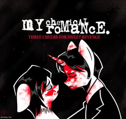 Size: 4134x3898 | Tagged: semi-grimdark, artist:mxmx fw, derpibooru import, ponified, pony, unicorn, album cover, blood, clothes, emo, eyes closed, horn, image, jpeg, my chemical romance, ponified album cover, three cheers for sweet revenge
