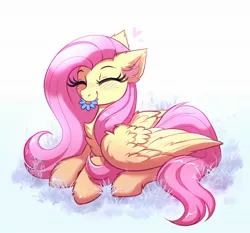Size: 2048x1908 | Tagged: safe, artist:confetticakez, derpibooru import, fluttershy, pegasus, pony, blushing, chest fluff, cute, ear fluff, eyes closed, female, floating heart, flower, heart, image, jpeg, lying down, mare, mouth hold, prone, shyabetes, simple background, solo, white background