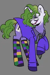 Size: 1276x1914 | Tagged: safe, artist:mxmx fw, derpibooru import, ponified, pony, unicorn, batman, clothes, clown, curly hair, dc comics, image, joker, jpeg, makeup, scar, simple background, socks, solo, the dark knight