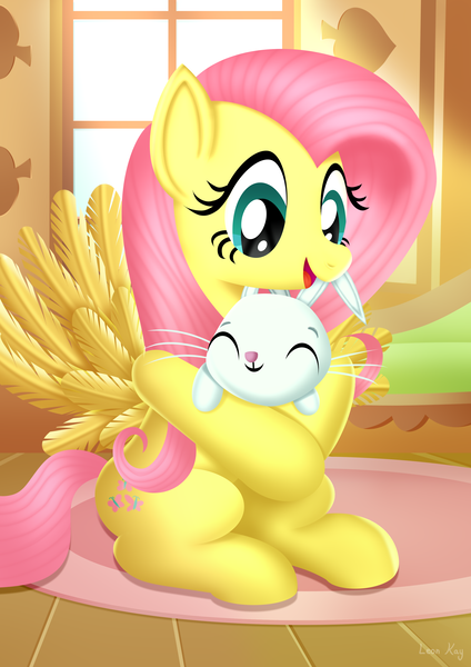Size: 2480x3508 | Tagged: safe, artist:leonkay, derpibooru import, angel bunny, fluttershy, pegasus, pony, rabbit, animal, duo, duo male and female, eyes closed, female, fluttershy's cottage (interior), high res, hug, image, male, mare, open mouth, open smile, png, smiling