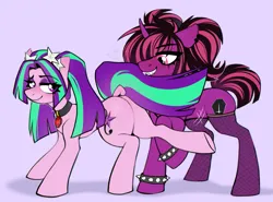 Size: 2153x1594 | Tagged: suggestive, artist:rtootb, derpibooru import, aria blaze, oc, oc:vivace nocturne, earth pony, pony, unicorn, blushing, butt, butt blush, canon x oc, choker, clothes, collar, commission, cute, digital art, duo, duo female, ear piercing, ears up, eyeshadow, fangs, female, fishnets, flirting, floppy ears, full body, gem, horn, image, in love, jewelry, lesbian, lidded eyes, looking at butt, looking at each other, looking at someone, makeup, mare, necklace, piercing, pink eyes, plot, plump, png, ponytail, simple background, sketch, smiling, smiling at each other, socks, spiked choker, stockings, thigh highs, two toned mane, unicorn oc