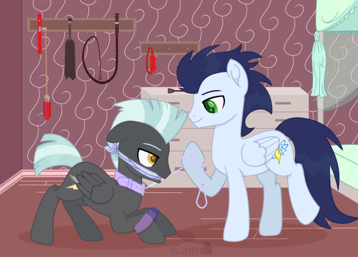 Size: 700x504 | Tagged: artist needed, suggestive, derpibooru import, soarin', thunderlane, pegasus, pony, bondage, collar, duo, duo male, forced, gag, gay, image, leash, male, maledom, malesub, pet play, png, shipping, soarilane, submissive